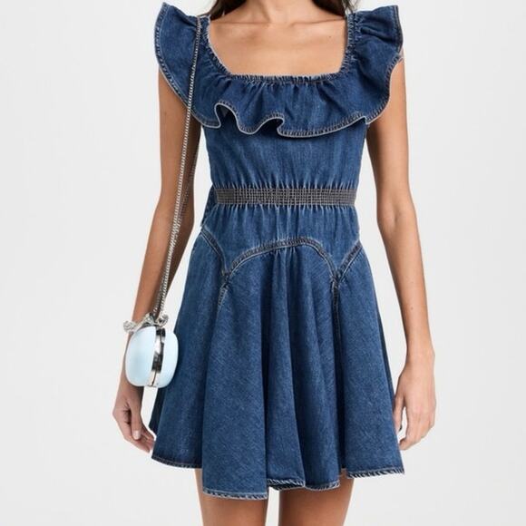 Self-portrait denim ruffle dress mini flirty open back with bow size 4 feminine - Picture 4 of 11